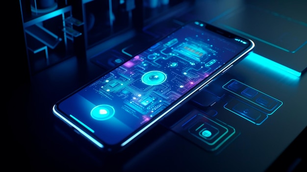 Фото Экран смартфона с технологиями умного дома на синем фоне интернет вещей генеративный ии