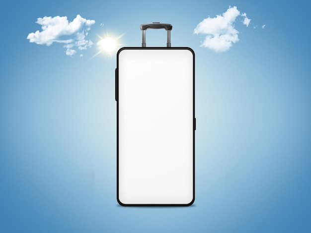 雲のスーツケースとスマートフォンの画面オンライン購入チケットの概念