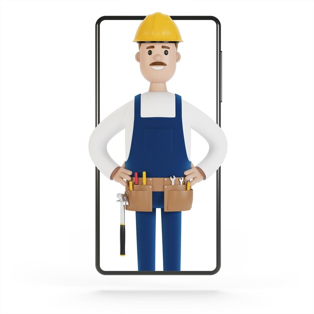 Smartphone screen with wizard Husband for an hour Electrician plumber carpenter calling the foreman to work 3D illustration in cartoon style