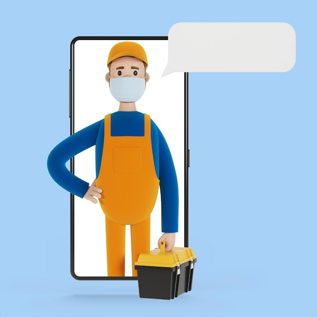 Smartphone screen with wizard Husband for an hour Electrician plumber carpenter calling the foreman to work 3D illustration in cartoon style