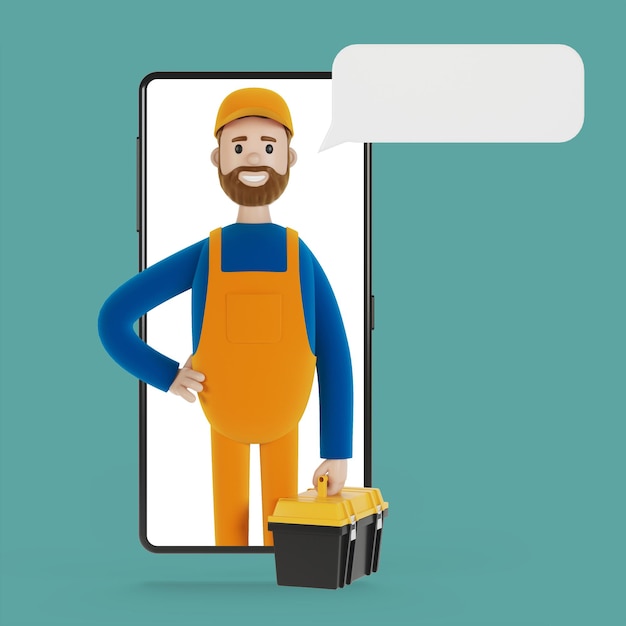 Smartphone screen with wizard Husband for an hour Electrician plumber carpenter calling the foreman to work 3D illustration in cartoon style