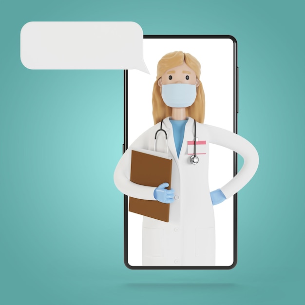 Smartphone screen with a woman doctor. Online consultation, medical services. 3D illustration in cartoon style.