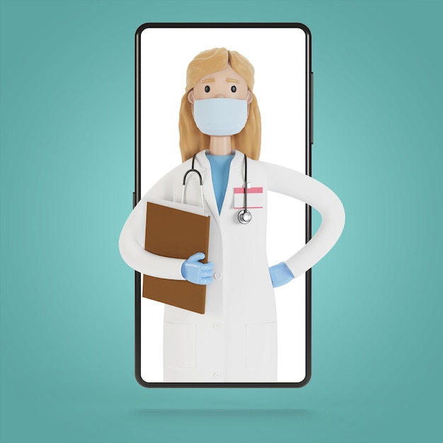 Smartphone screen with a woman doctor. Online consultation, medical services. 3D illustration in cartoon style.