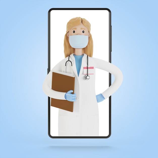 Smartphone screen with a woman doctor. Online consultation, medical services. 3D illustration in cartoon style.