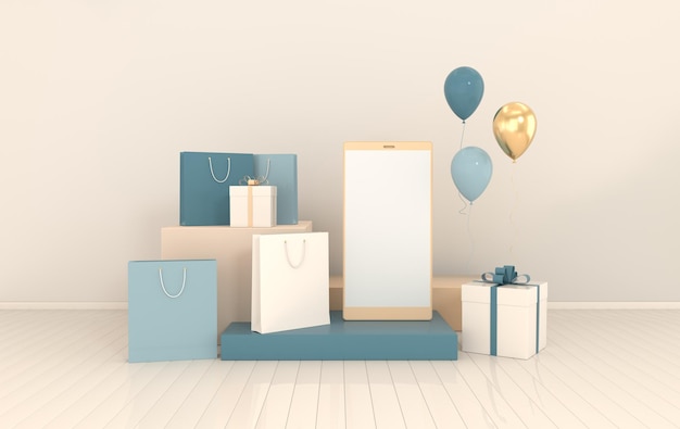 Smartphone shopping bag balloons mockup background in minimal style