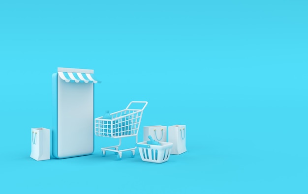 Photo smartphone shopping basket bags and cart with purchases 3d rendering online shopping concept