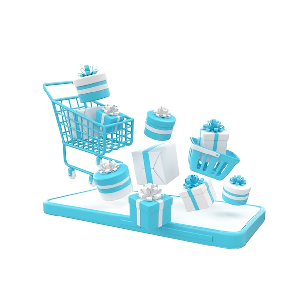 Smartphone shopping basket and cart with present box 3d rendering isolated on white background