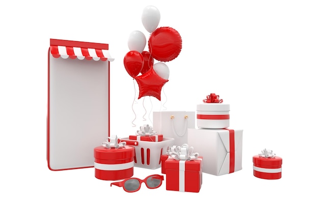 Smartphone shopping basket and cart with present box balloons shopping bag