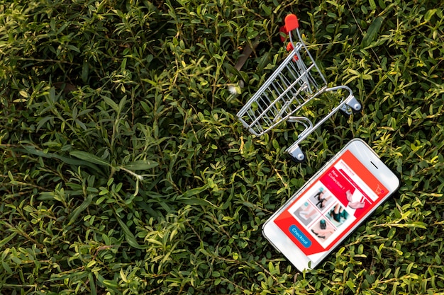 Smartphone and shopping cart on green grass. Shopping online or e-commerce concept on the website for environmentally.