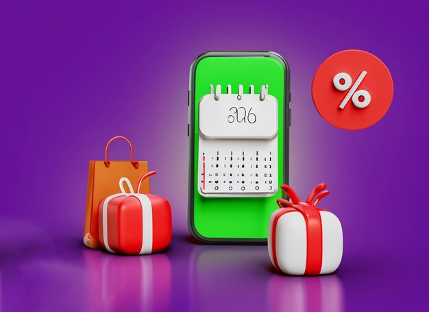 Smartphone sign with giftbox ,discount 3d render concept for online shopping discount