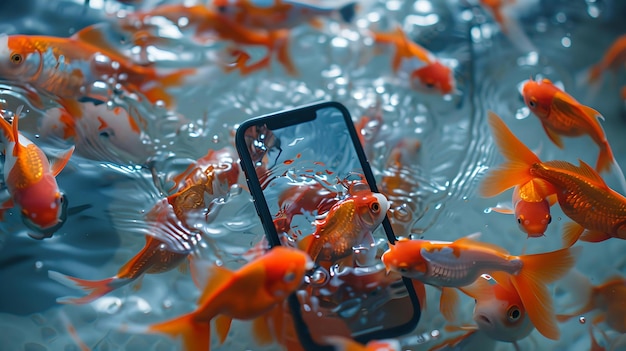 スマートフォンを水の中に沈め周囲の金魚に囲まれてテクノロジーと自然のテーマに最適です シュールリアルでクリエイティブな水中画像 AI