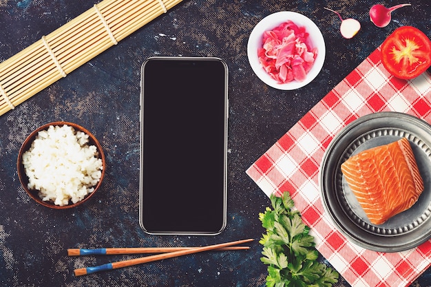 Smartphone in a sushi bar restaurant scene