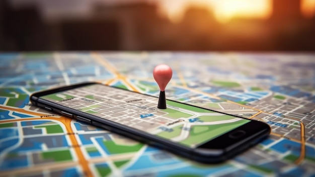 smartphone on table top with map and location pin blur background of traffic beautiful Generative AI AIG32