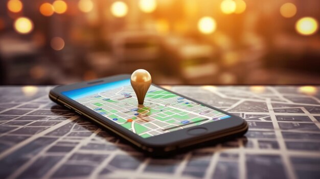 smartphone on table top with map and location pin blur background of traffic beautiful Generative AI AIG32