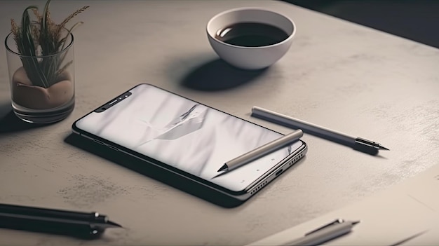 A smartphone on a table with a pen on it.