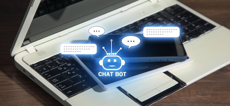 Photo smartphone tablet laptop computer with chat bot application for online information artificial intelligence concept