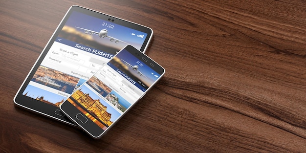 Smartphone and tablet on wooden backgound Search flights on the screens copy space 3d illustration