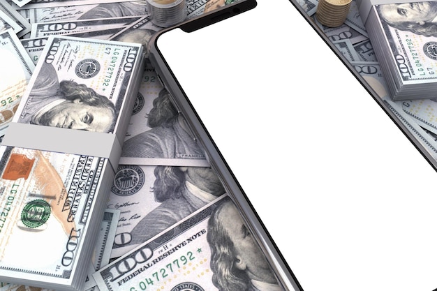 Smartphone on top of dollar bills and isolated white screen