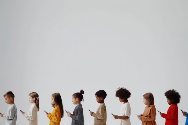 Smartphone-verslaving groep kleine kinderen Kinderen die samen met hun telefoon spelen Nomofobie