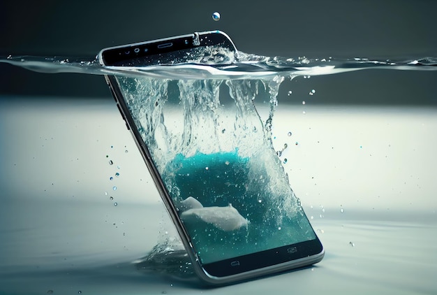 Foto smartphone viel in het water en zonk diep achtergrond telecommunicatie- en technologieconcept digitale kunstillustratie generatieve ai