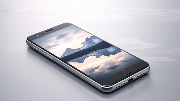 スマートフォンを白い背景に 3D レンダリングし青い空を映した携帯電話