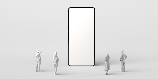 白い背景のスマートフォンと製品を表示する画面を見ている人コピースペース