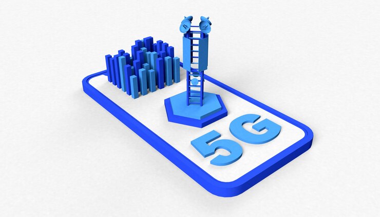 Фотография смартфон с текстом 5g, антенной и концепцией зданий в синих тонах. 3d иллюстрации. сети.