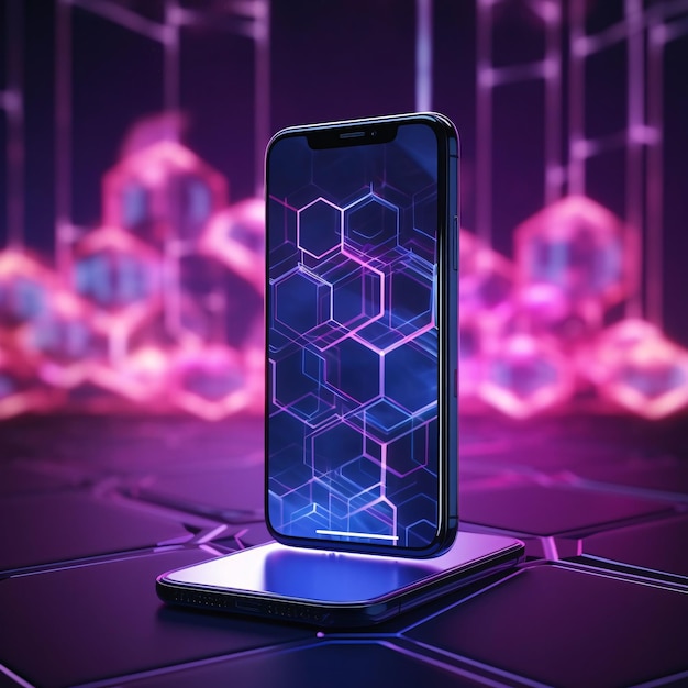 Smartphone with abstract hexagons on the screen 3d rendering