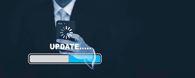 smartphone with bar of update software computer program upgrade business technology internet update on virtual screen internet and technology concept loading bar with installing the update