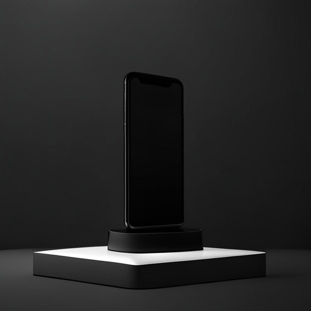 Smartphone with blank black screen mobile phone podium mockup