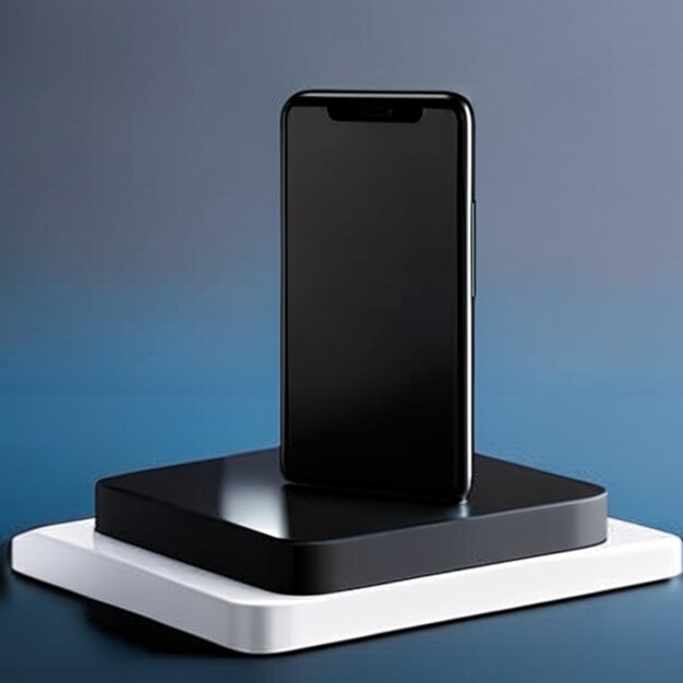 Smartphone with blank black screen mobile phone podium mockup