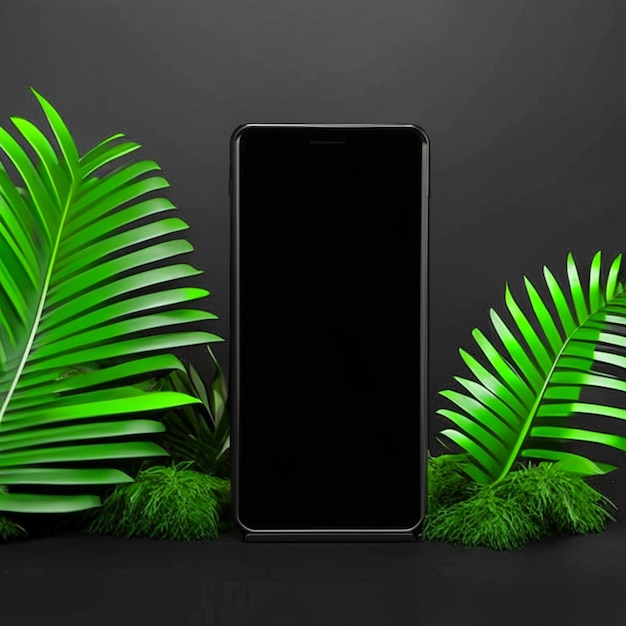 Smartphone with blank black screen mobile phone on tropical leaf podium mockup