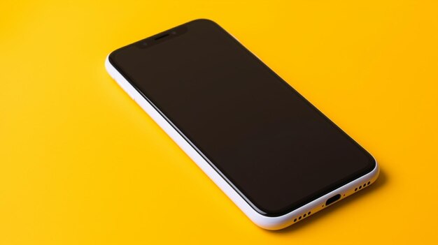 Smartphone with blank black screen on yellow background top view generative ai