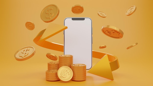 Smartphone with blank display and coins stack digital wallet Shopping mobile app gold arrows and coinsCashback and bankingmoneysaving Mock up empty screen copy spaceIsolate background 3D rendering