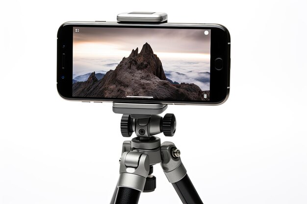 Smartphone with blank screen on camera tripod isolated on white background