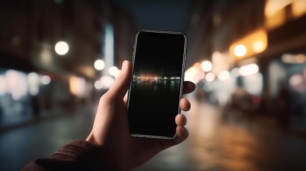 Smartphone with blank screen in the hands of a man against the background of the night citygenerative ai