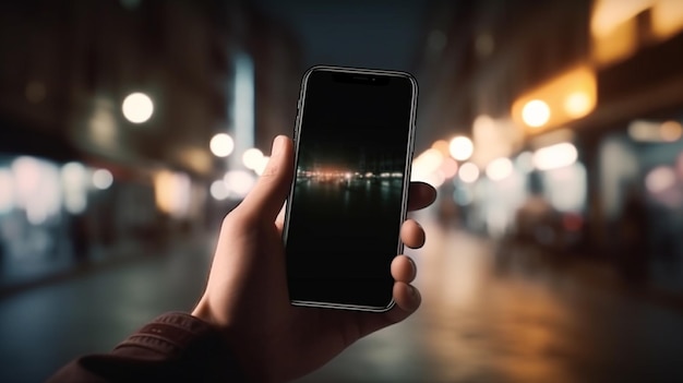 夜の街を背景に男の手に空白の画面を持つスマートフォンgenerative ai