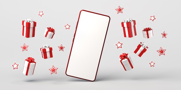 Smartphone con schermo vuoto circondato da scatole regalo fluttuanti mockup di natale