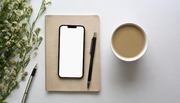 Photo smartphone with blank white mock up screen on notebook cup of coffee fresh flowers flat lay