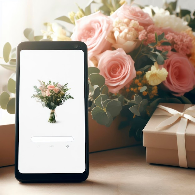 Foto smartphone con schermo bianco vuoto bouquet di fiori su sfondo ai generativo