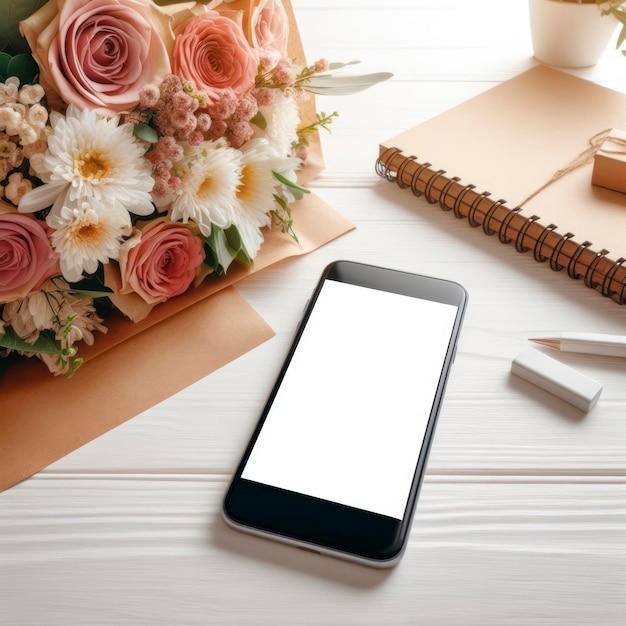 Photo smartphone with blank white screen bouquet of flowers on background ai generative