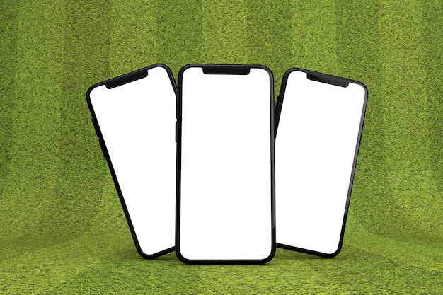 Smartphone with a blank white screen on a green sports pitch d rendering