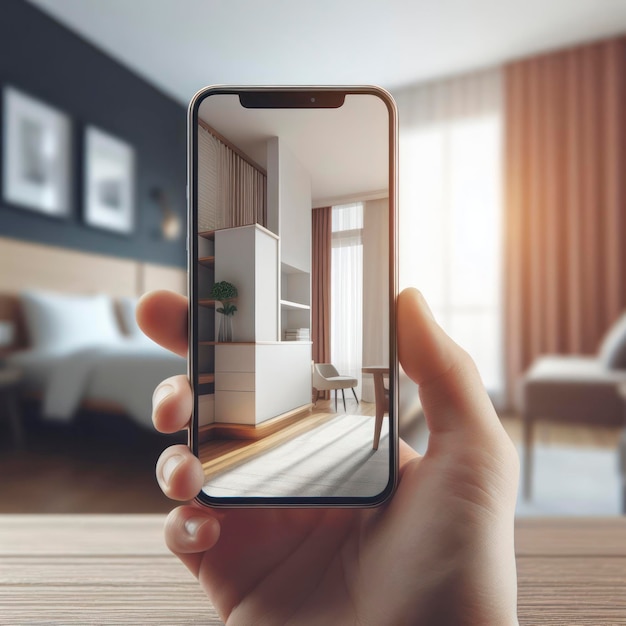 Photo smartphone with blank white screen new apartment or hotel room on background ai generative