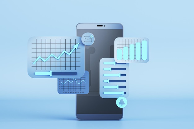 Смартфон с бизнес-диаграммами на синем фоне Программное обеспечение для данных и концепция веб-разработки 3D рендеринг