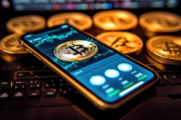 Foto smartphone con un'immagine aziendale con una moneta bitcoin o criptovaluta dollar business economy