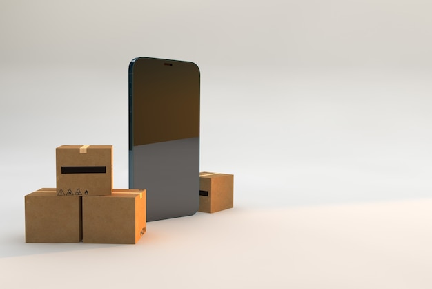 골 판지 상자와 스마트 폰입니다. 3D 렌더링 배달 배송 개념