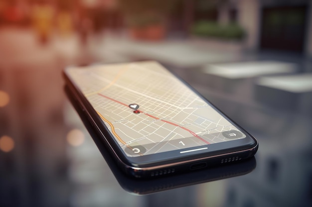 Photo smartphone with city map on the screen blurred background generative ai