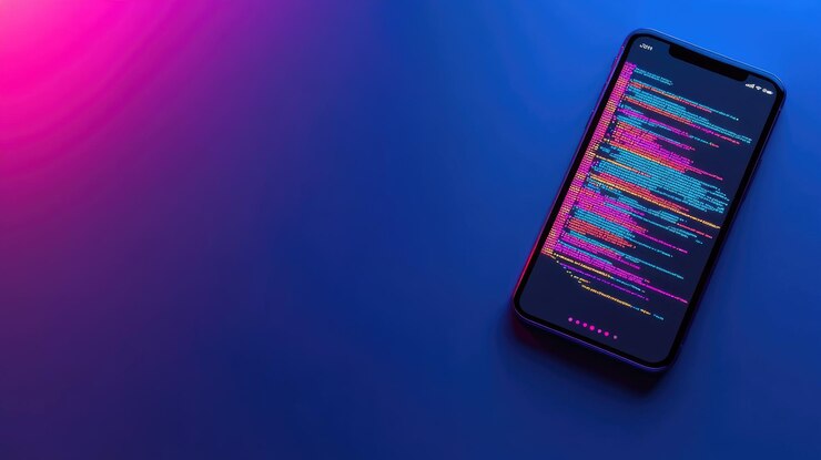 Photo smartphone with colorful code text on screen gradient lighting