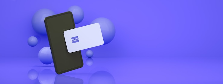 Photo smartphone with credit card over blue  background, concept online payment panoramic layout, 3d render