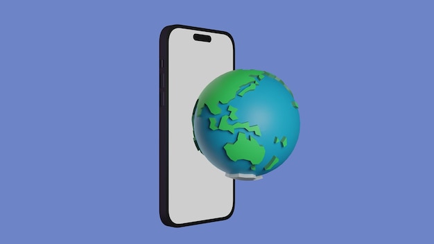 Foto smartphone con la terra su sfondo blu esplora il concetto online trova luoghi online